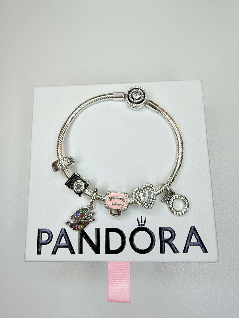 Pandora Silver Charm Bracelet with Pink and Clear Accents